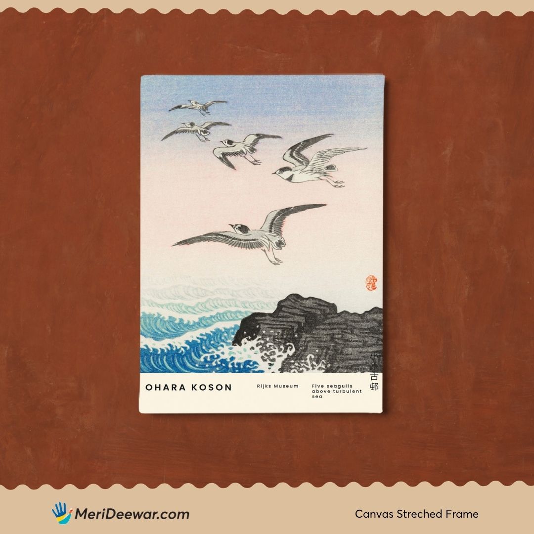 Five Seagulls Above Turbulent Sea Poster by Ohara Koson 3 : 4 Vertical New Premium Wall Art Canvas by MeriDeewar