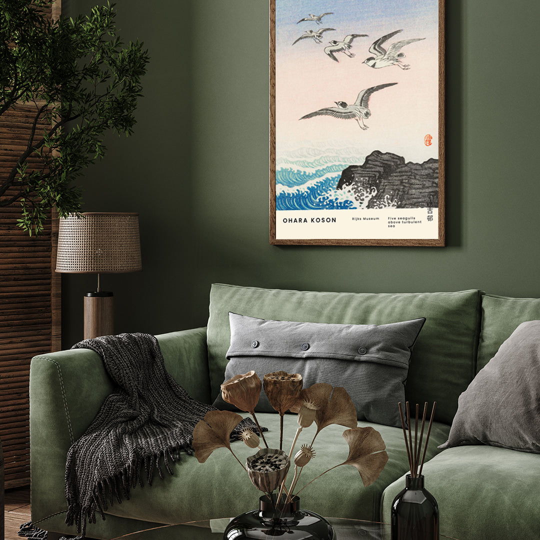 Five Seagulls Above Turbulent Sea Poster by Ohara Koson 3 : 4 Vertical New Premium Wall Art Canvas by MeriDeewar