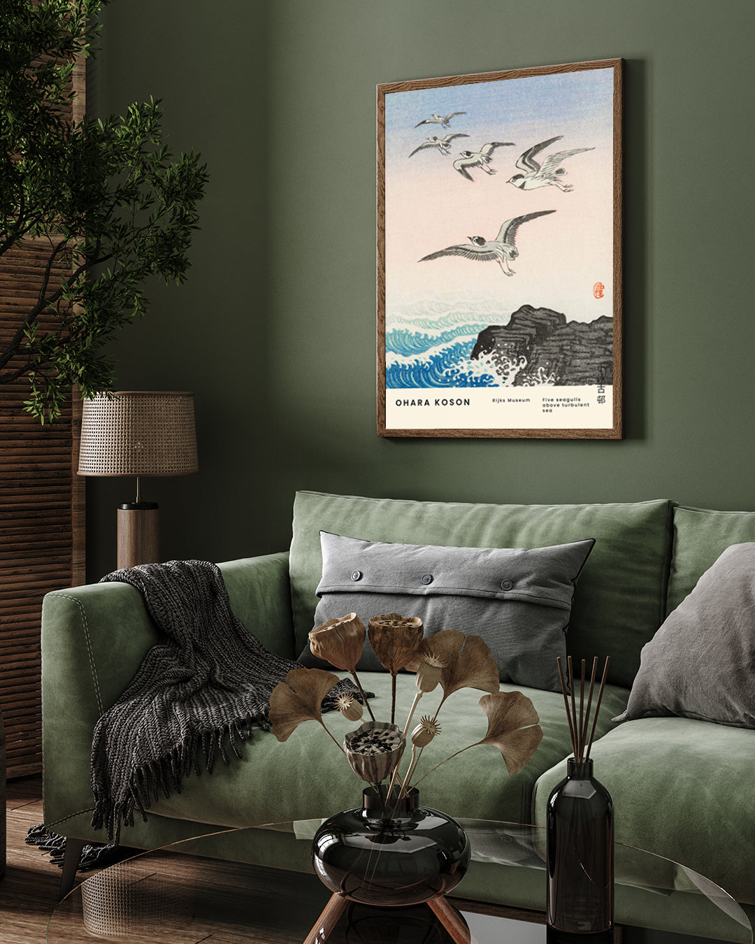 Five Seagulls Above Turbulent Sea Poster by Ohara Koson 3 : 4 Vertical New Premium Wall Art Canvas by MeriDeewar