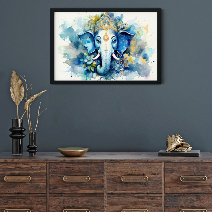 Floral Art Lord Blue Ganesha Painting Premium Wall Art Canvas by MeriDeewar