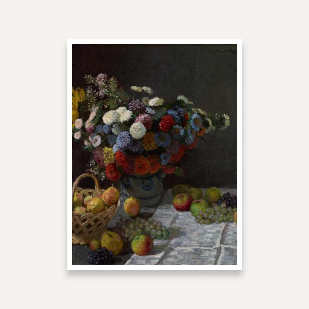 Floral & Fruit Still Life Painting for Dining Room | Claude Monet Wall Art | MeriDeewar 3 : 4 Vertical Premium Wall Art Canvas by MeriDeewar