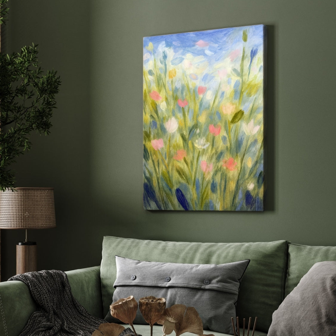 Floral Meadow Painting for Living Room | Impressionist Wildflower Wall Art | Giclée Print 2 : 3 Vertical Premium Wall Art Canvas by MeriDeewar