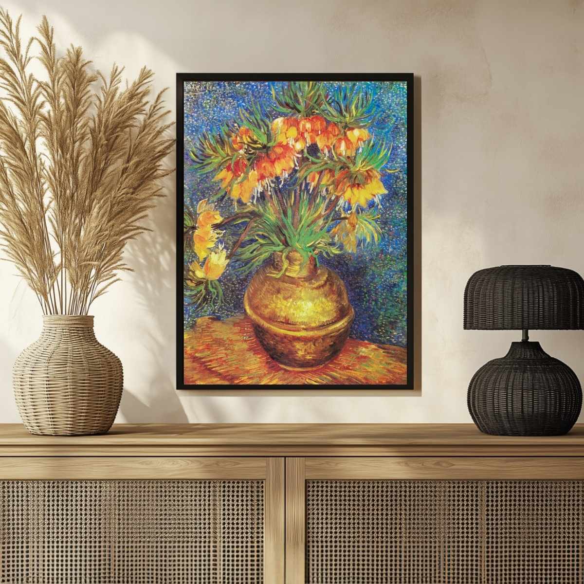 Floral Painting for Living Room | Van Gogh Fritillaries in Copper Vase | Wall Art 3 : 4 Vertical Premium Wall Art Canvas by MeriDeewar