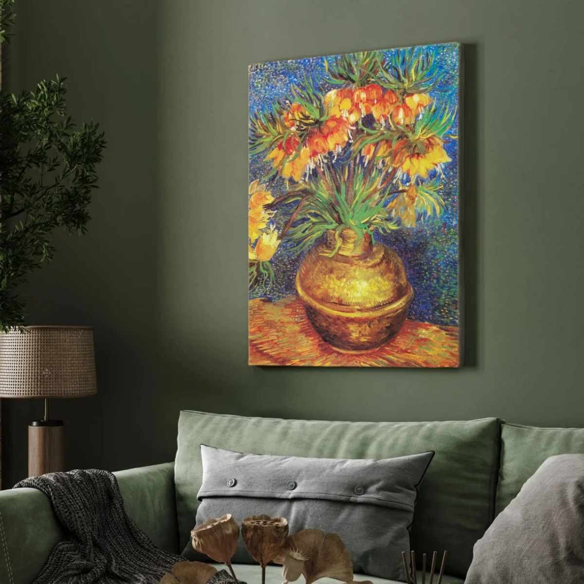 Floral Painting for Living Room | Van Gogh Fritillaries in Copper Vase | Wall Art 3 : 4 Vertical Premium Wall Art Canvas by MeriDeewar