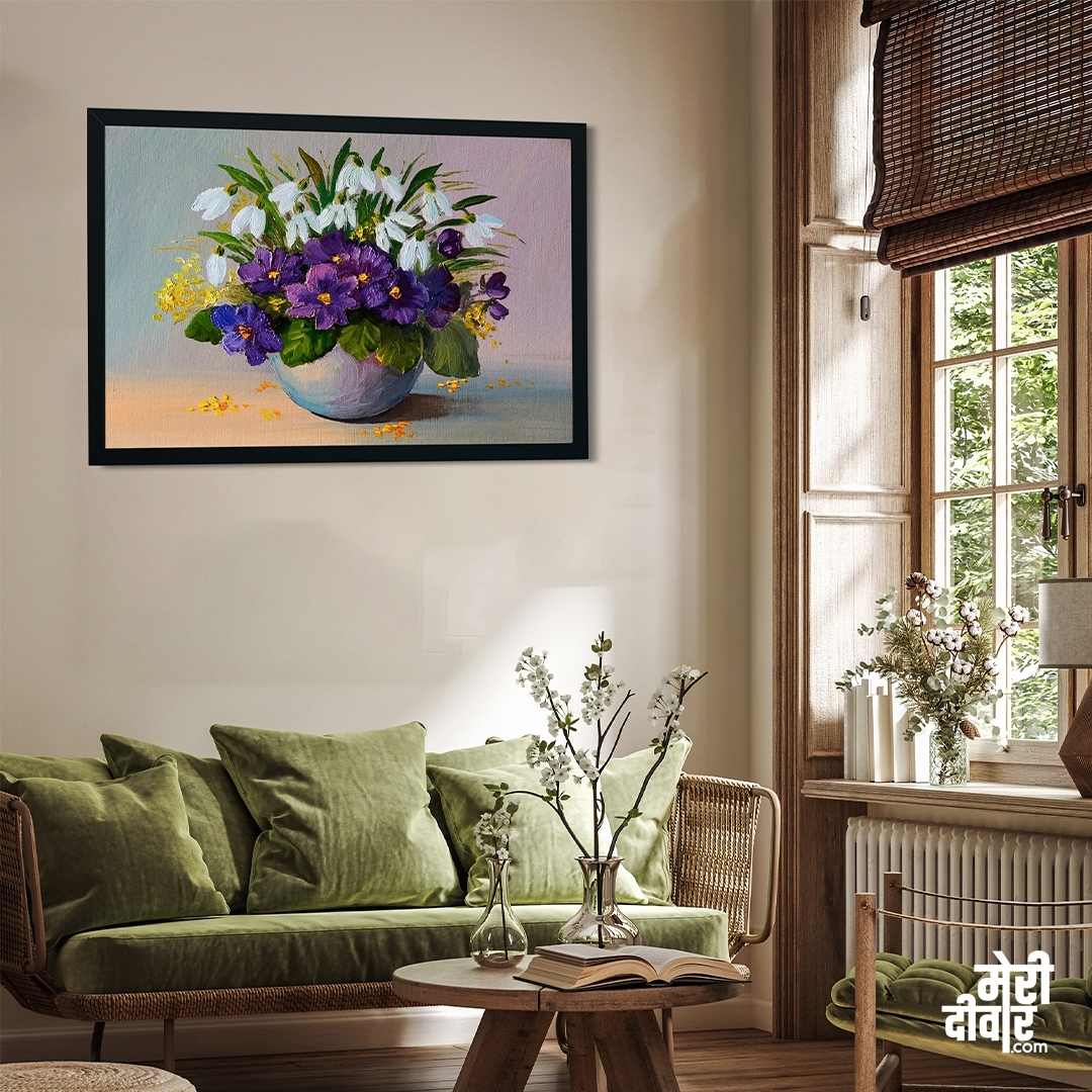 Flower Vase Painting for Living Room | Purple & White Floral Wall Art | Giclée Print 3 : 2 Horizontal Premium Wall Art Canvas by MeriDeewar