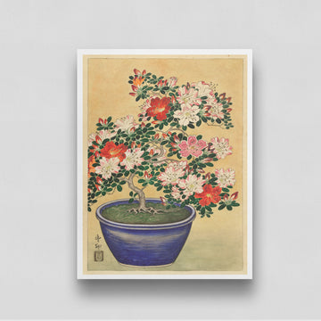 Flowers Art Poster- Blooming Azalea in Blue Pot by Ohara Koson 3 : 4 Vertical New Premium Wall Art Canvas by MeriDeewar