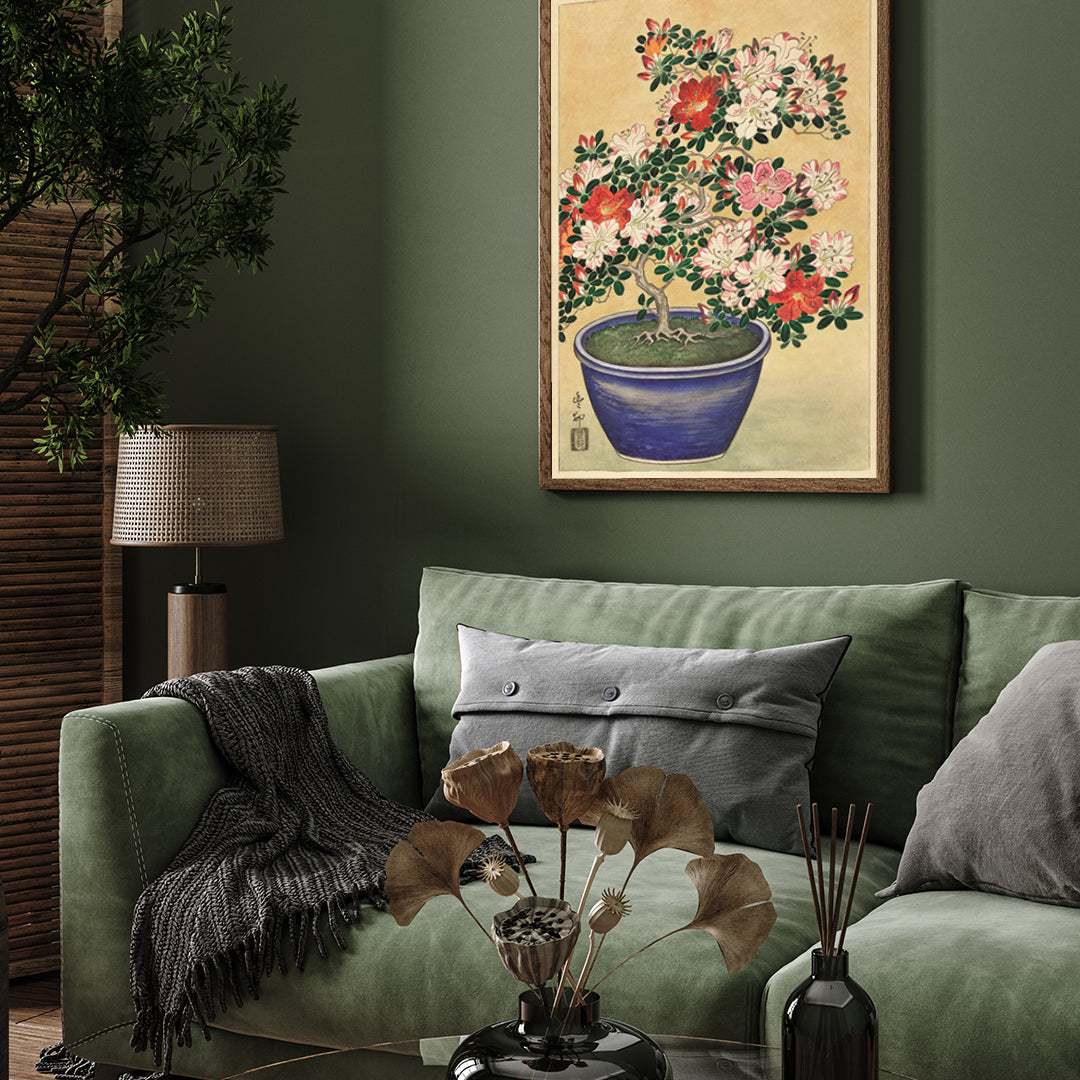 Flowers Art Poster- Blooming Azalea in Blue Pot by Ohara Koson 3 : 4 Vertical New Premium Wall Art Canvas by MeriDeewar