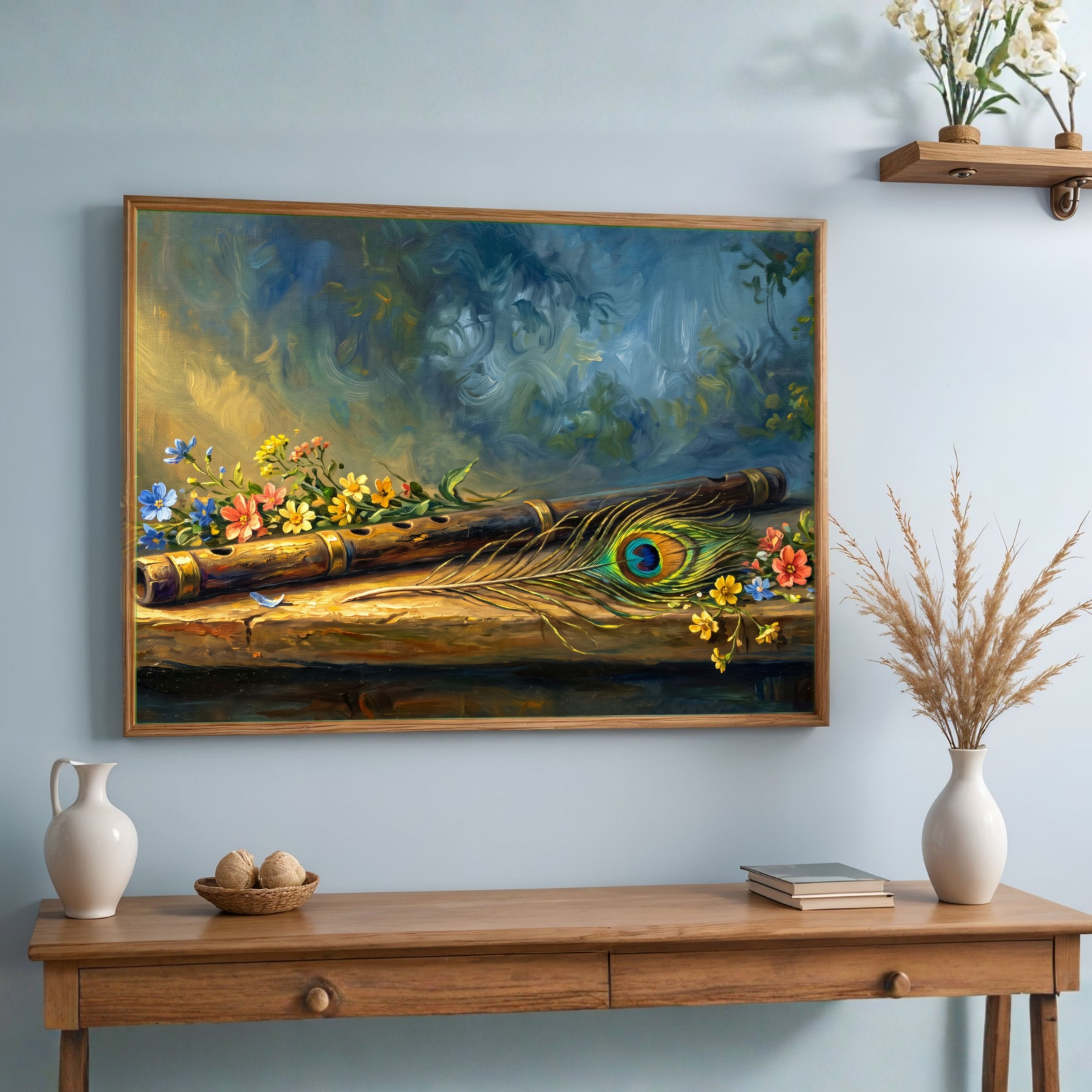 "Flute with Peacock Feather" Indian Classical Wall Art Print 3 : 2 Horizontal Premium Wall Art Canvas by MeriDeewar