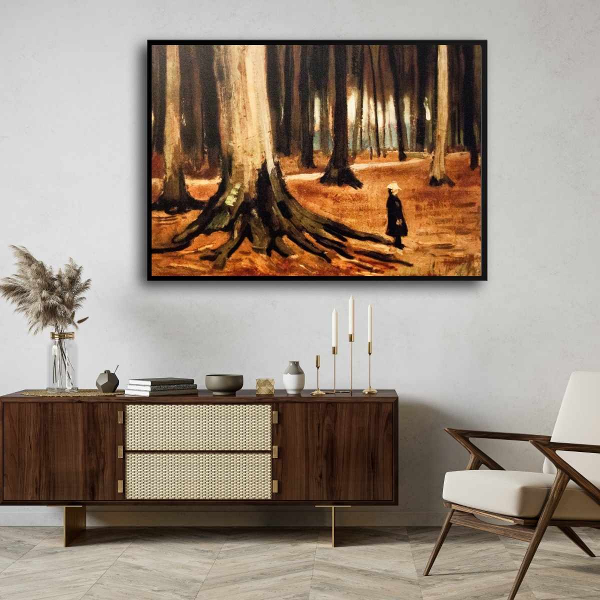 Forest Nature Painting for Living Room | Van Gogh Girl in the Woods | Wall Art for Home Decor 4 : 3 Horizontal Premium Wall Art Canvas by MeriDeewar