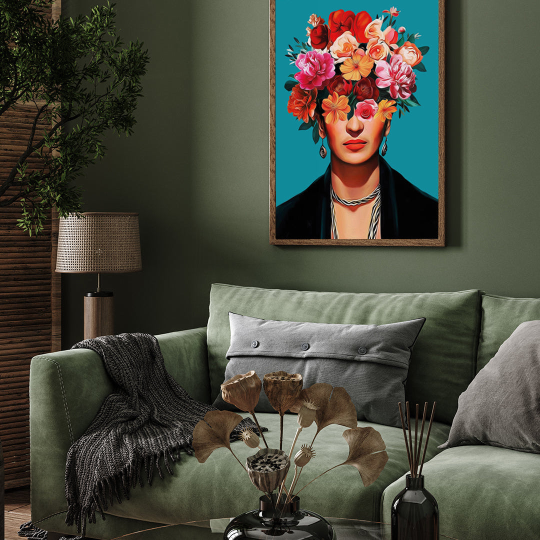 Frida Kahlo Portrait with Flowers Painting 3 : 4 Vertical New Premium Wall Art Canvas by MeriDeewar