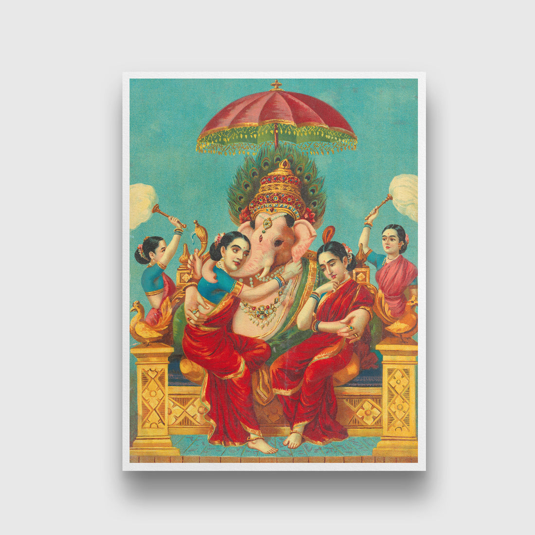 Ganesha (Buddhi) with Riddhi & Siddhi Painting - Meri Deewar 2 : 3 Vertical Premium Wall Art Canvas by MeriDeewar