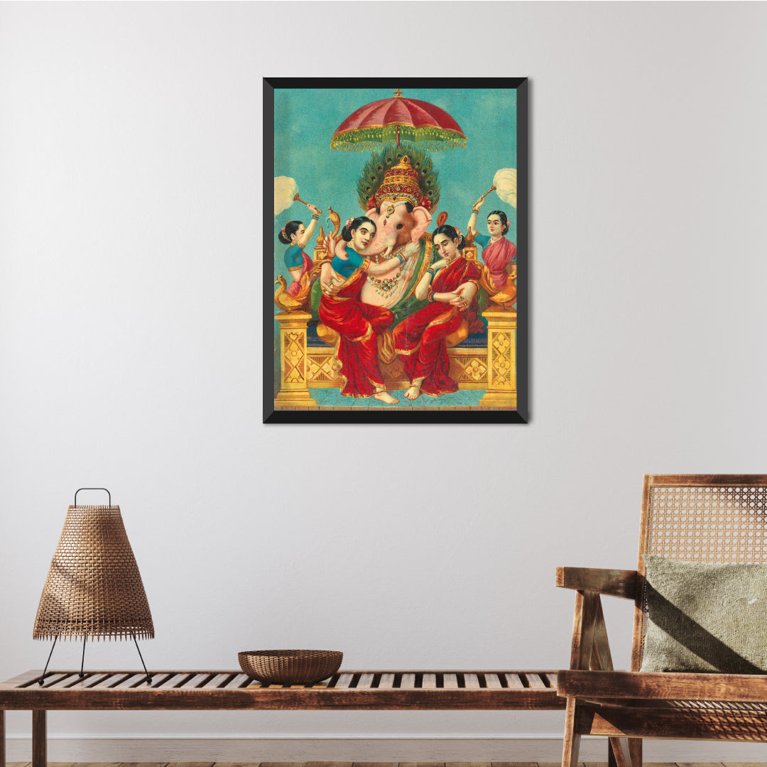 Ganesha (Buddhi) with Riddhi & Siddhi Painting - Meri Deewar 2 : 3 Vertical Premium Wall Art Canvas by MeriDeewar
