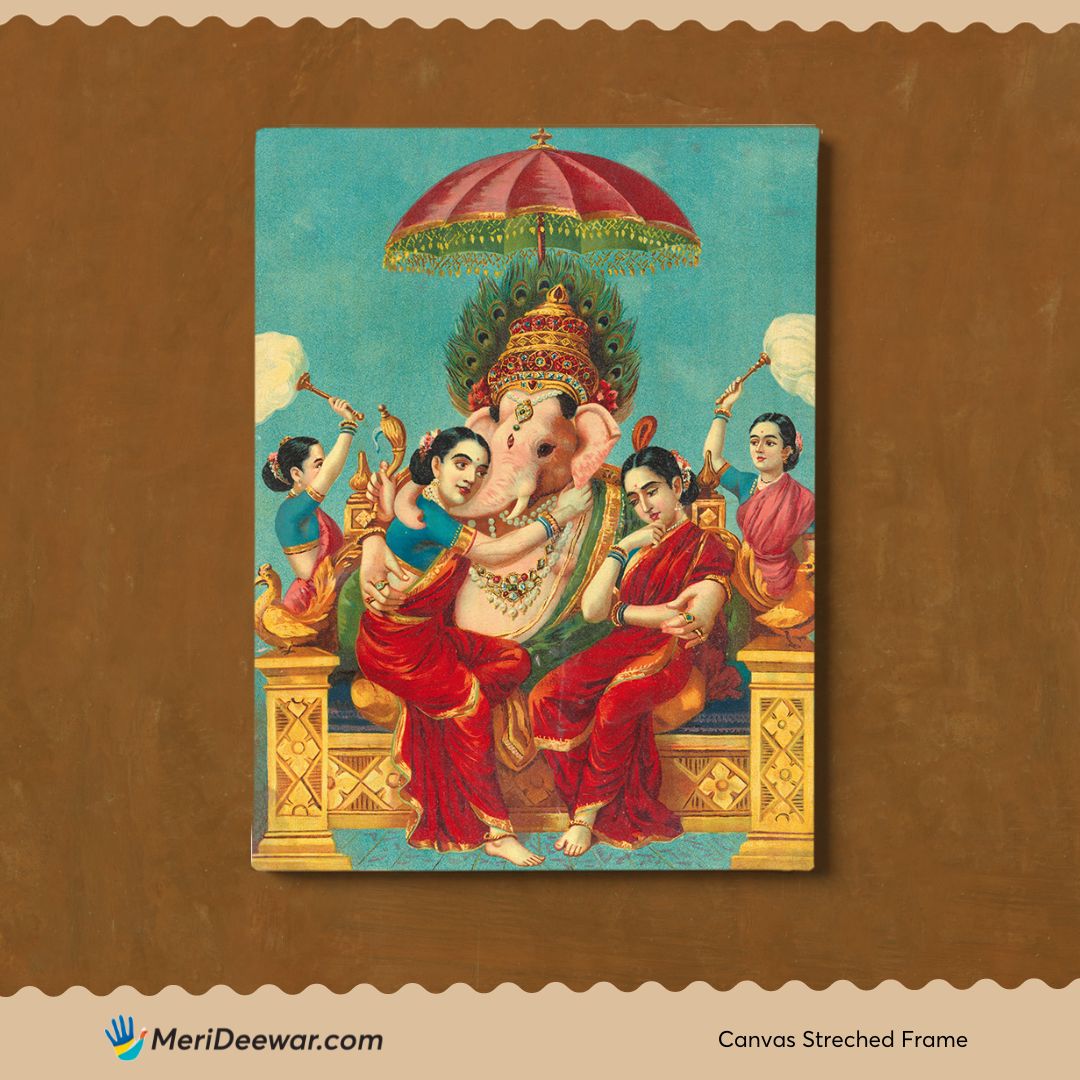 Ganesha (Buddhi) with Riddhi & Siddhi Painting - Meri Deewar 2 : 3 Vertical Premium Wall Art Canvas by MeriDeewar