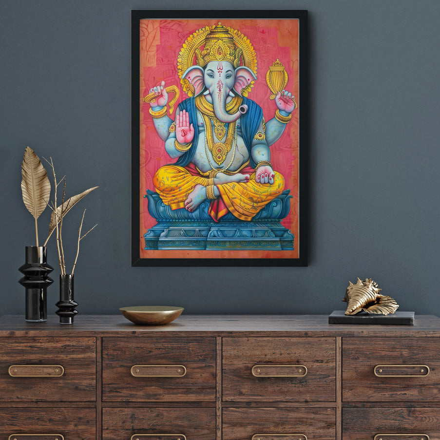 Ganesha Indian Devotional Painting Premium Wall Art Canvas by MeriDeewar