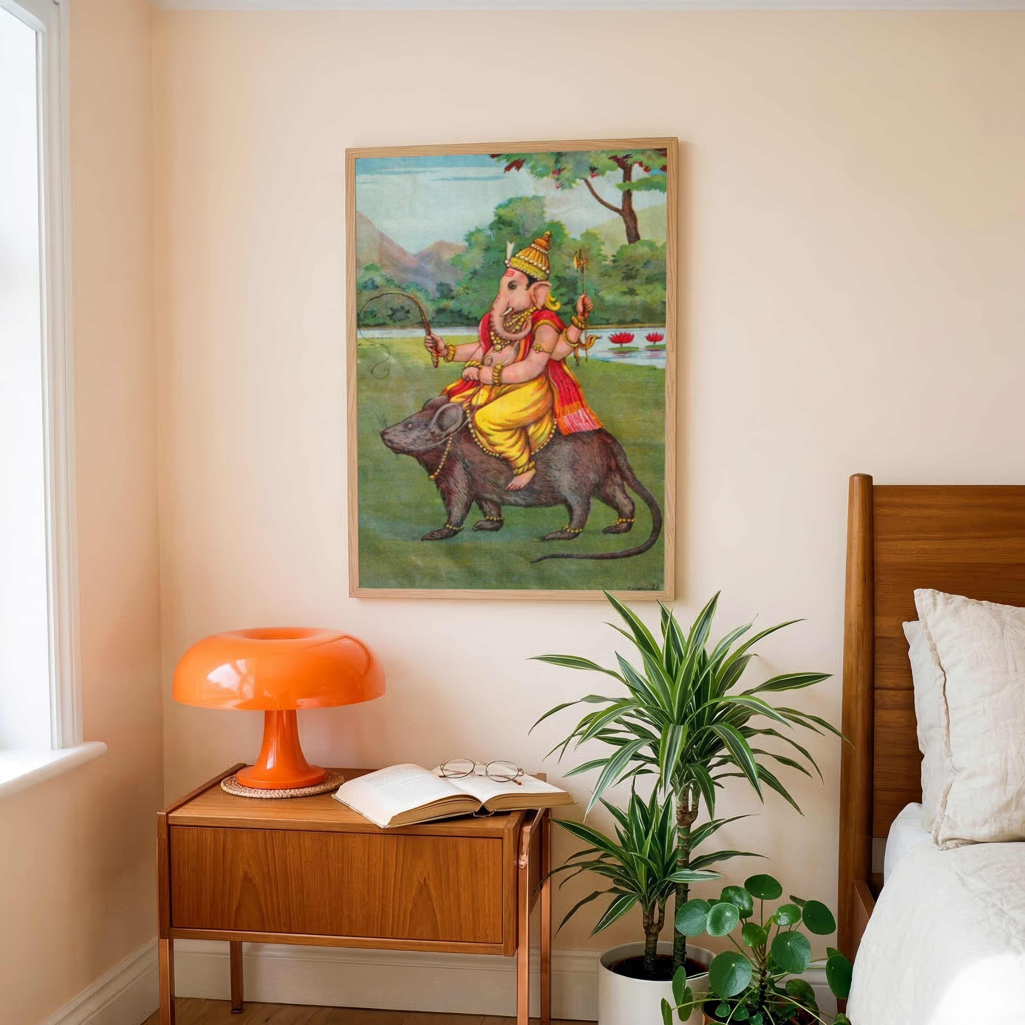 Ganesha Painting for Home | Lord Ganesh on Mushak Vahana – Raja Ravi Varma Spiritual Wall Art 3 : 4 Vertical Premium Wall Art Canvas by MeriDeewar