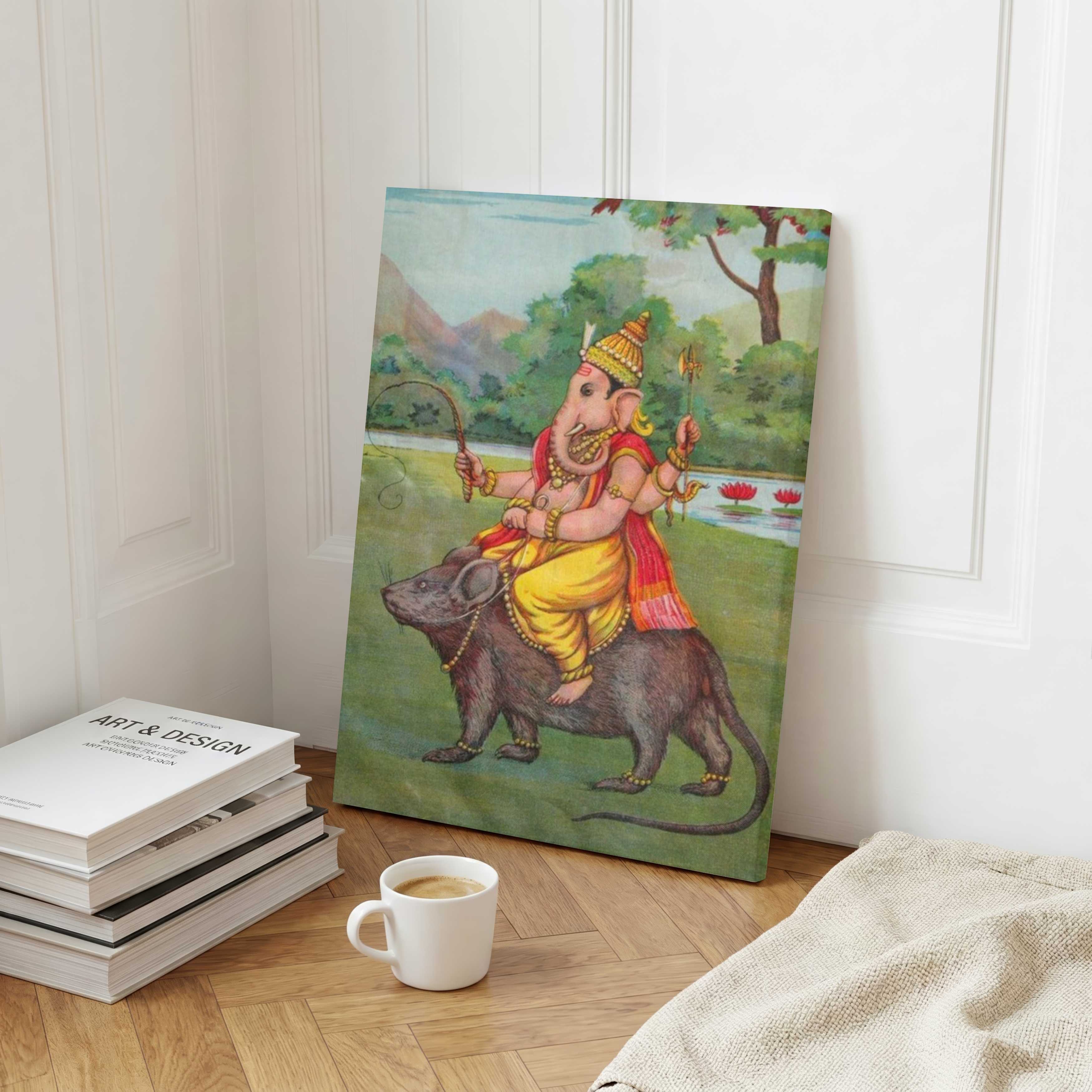 Ganesha Painting for Home | Lord Ganesh on Mushak Vahana – Raja Ravi Varma Spiritual Wall Art 3 : 4 Vertical Premium Wall Art Canvas by MeriDeewar
