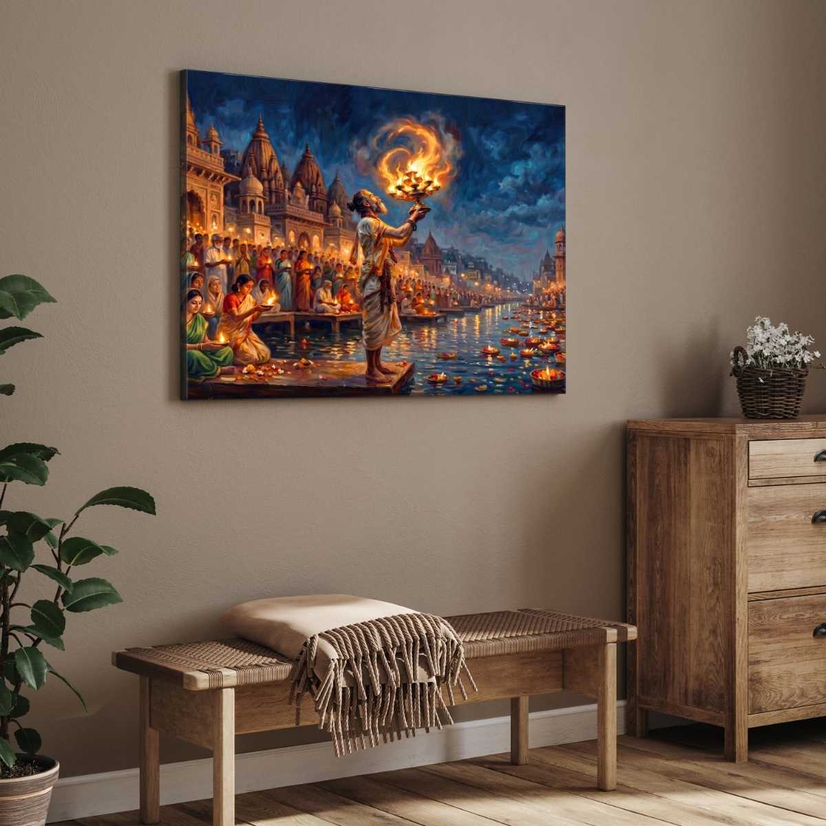 Ganga Aarti at Varanasi Ghats Wall Art | Spiritual Oil Painting Style Framed Print 2 : 3 Horizontal Premium Wall Art Canvas by MeriDeewar
