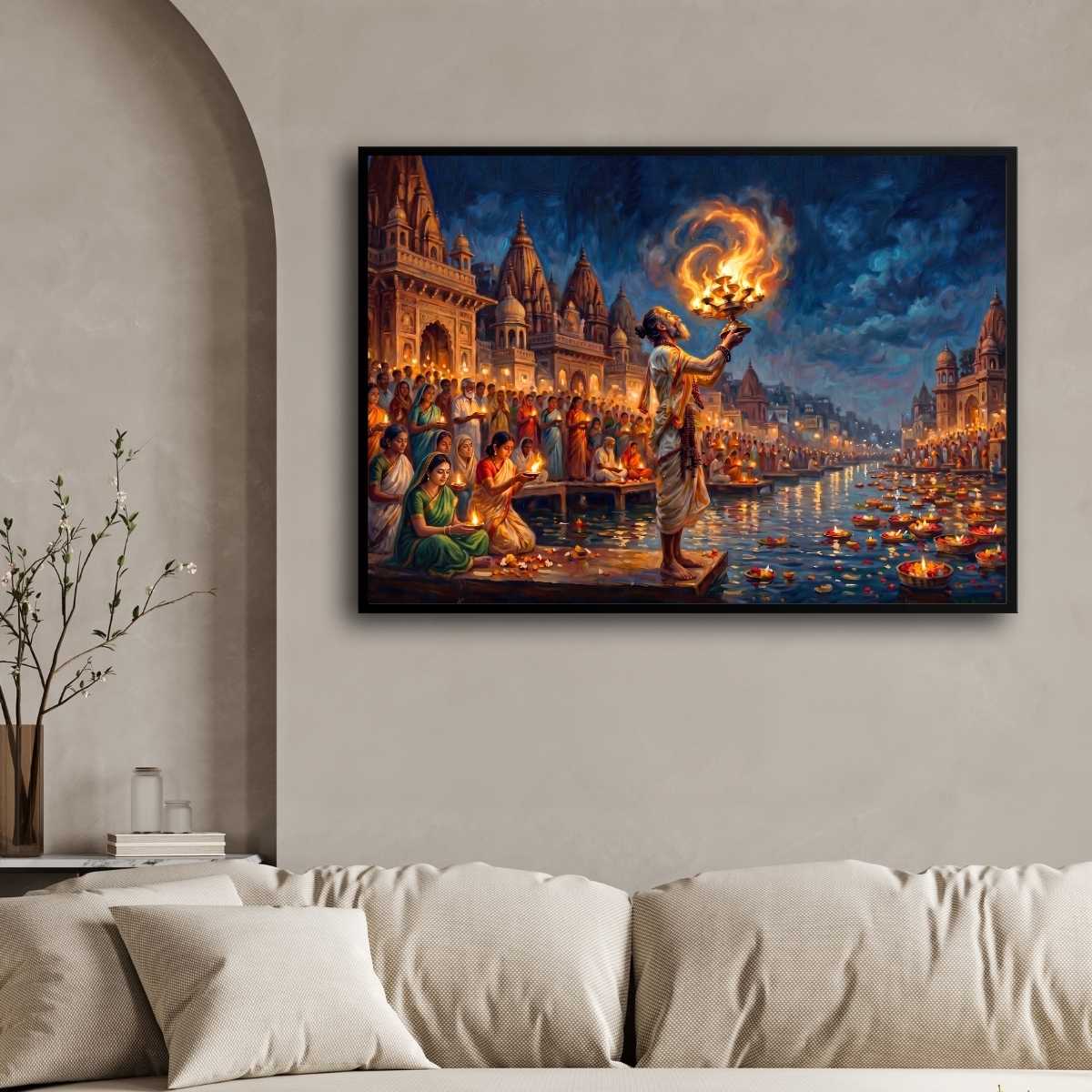Ganga Aarti at Varanasi Ghats Wall Art | Spiritual Oil Painting Style Framed Print 2 : 3 Horizontal Premium Wall Art Canvas by MeriDeewar