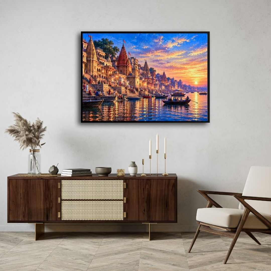 Ganga Aarti Varanasi | Sacred Kashi Ghats Sunset Gallery Wrap Canvas Curate Black Premium Wall Art Canvas by MeriDeewar