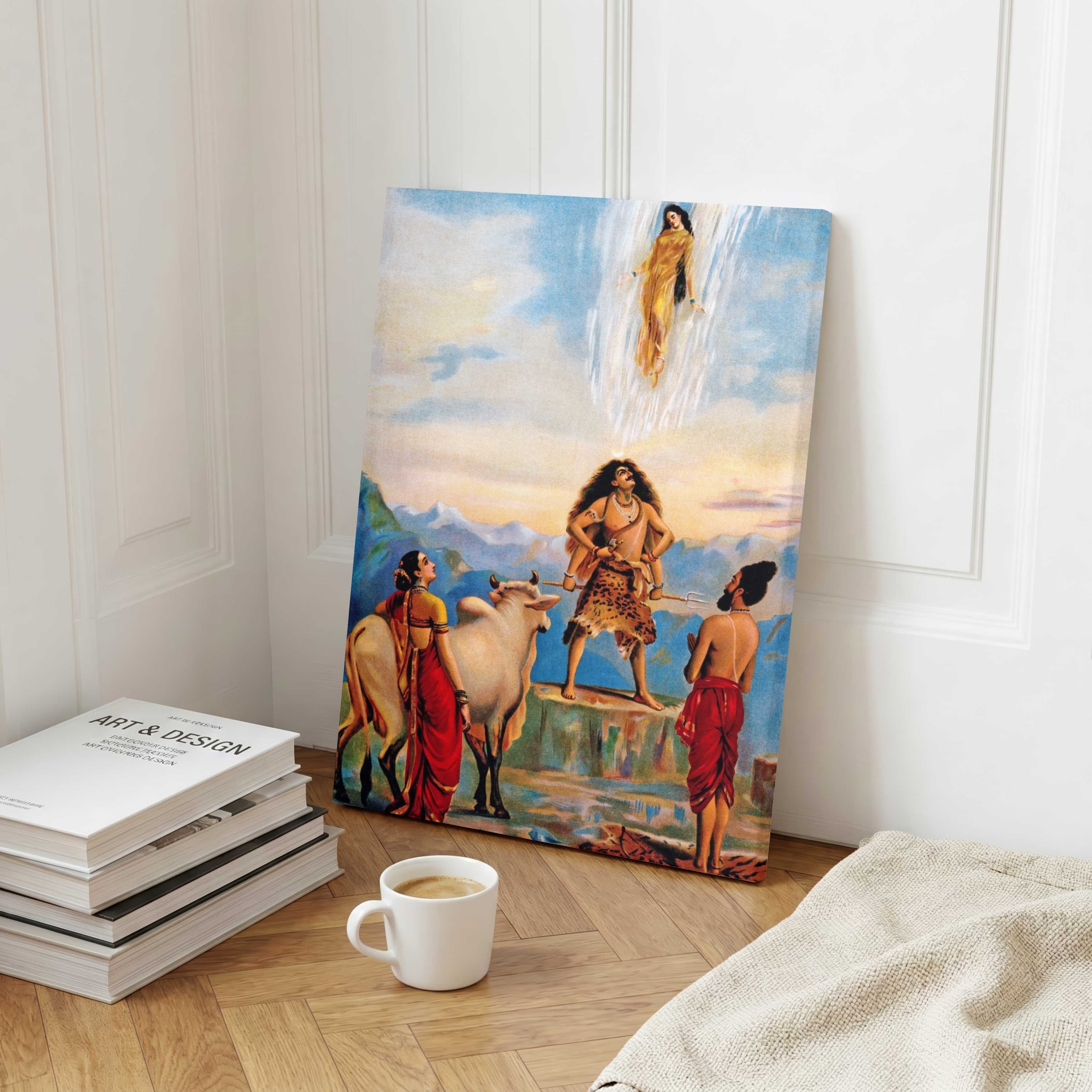 Gangawataran Painting by Raja Ravi Varma | Shiva Ganga Spiritual Wall Art for Home 3 : 4 Vertical Premium Wall Art Canvas by MeriDeewar