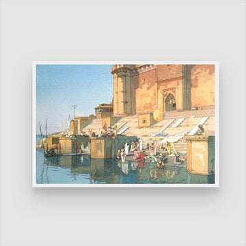 Ghat In Benaras painting by Yoshida Hiroshi-Japanese Woodblock 2 : 3 Horizontal Premium Wall Art Canvas by MeriDeewar