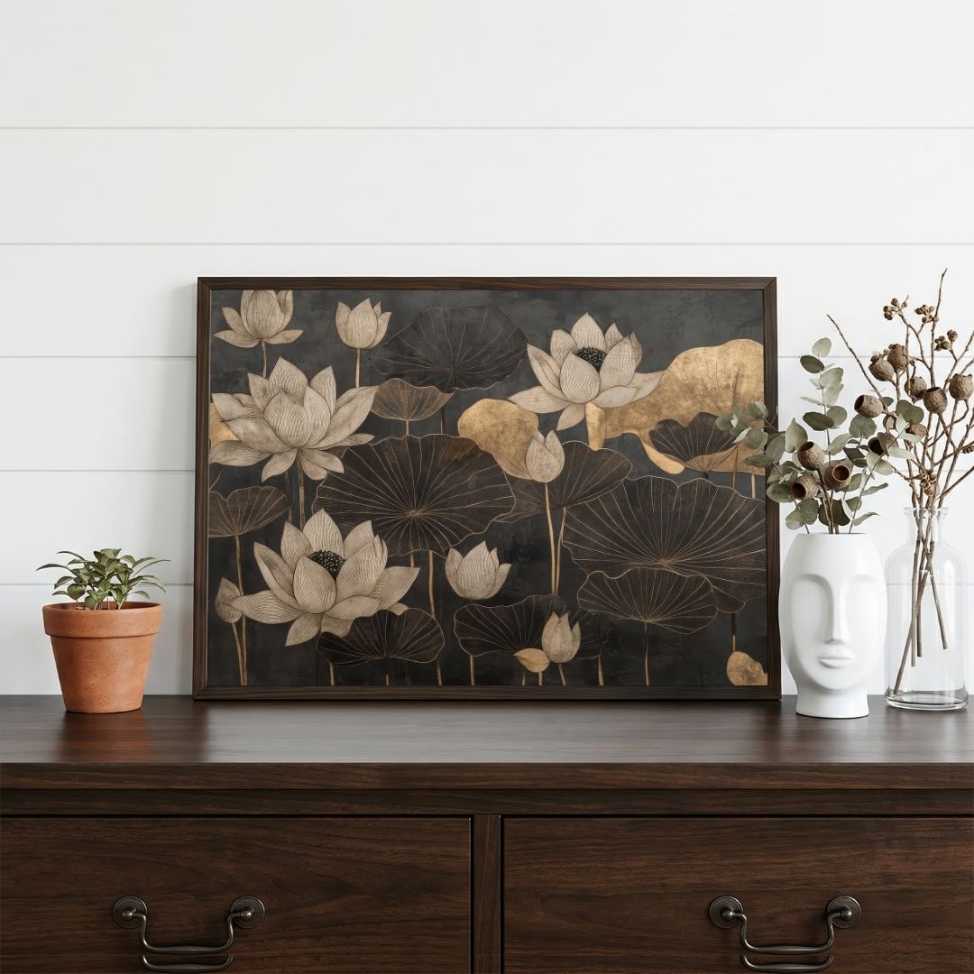 Gilded Lotuses on Charcoal | Modern Indian Botanical Framed Wall Art 4 : 3 Horizontal Premium Wall Art Canvas by MeriDeewar