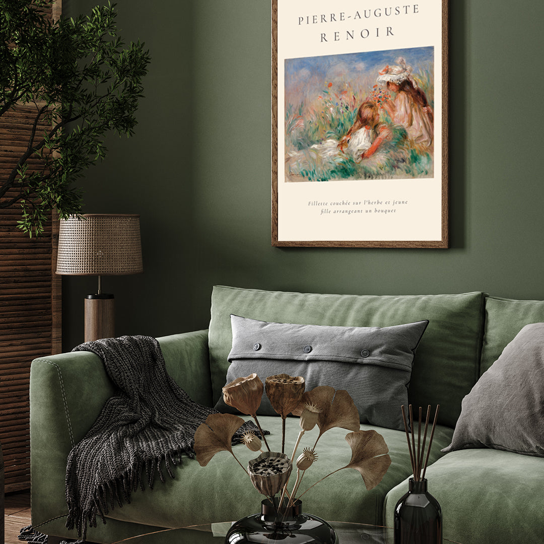 Girls In The Grass Arranging A Bouquet Painting By Pierre-Auguste Renoir 3 : 4 Vertical New Premium Wall Art Canvas by MeriDeewar