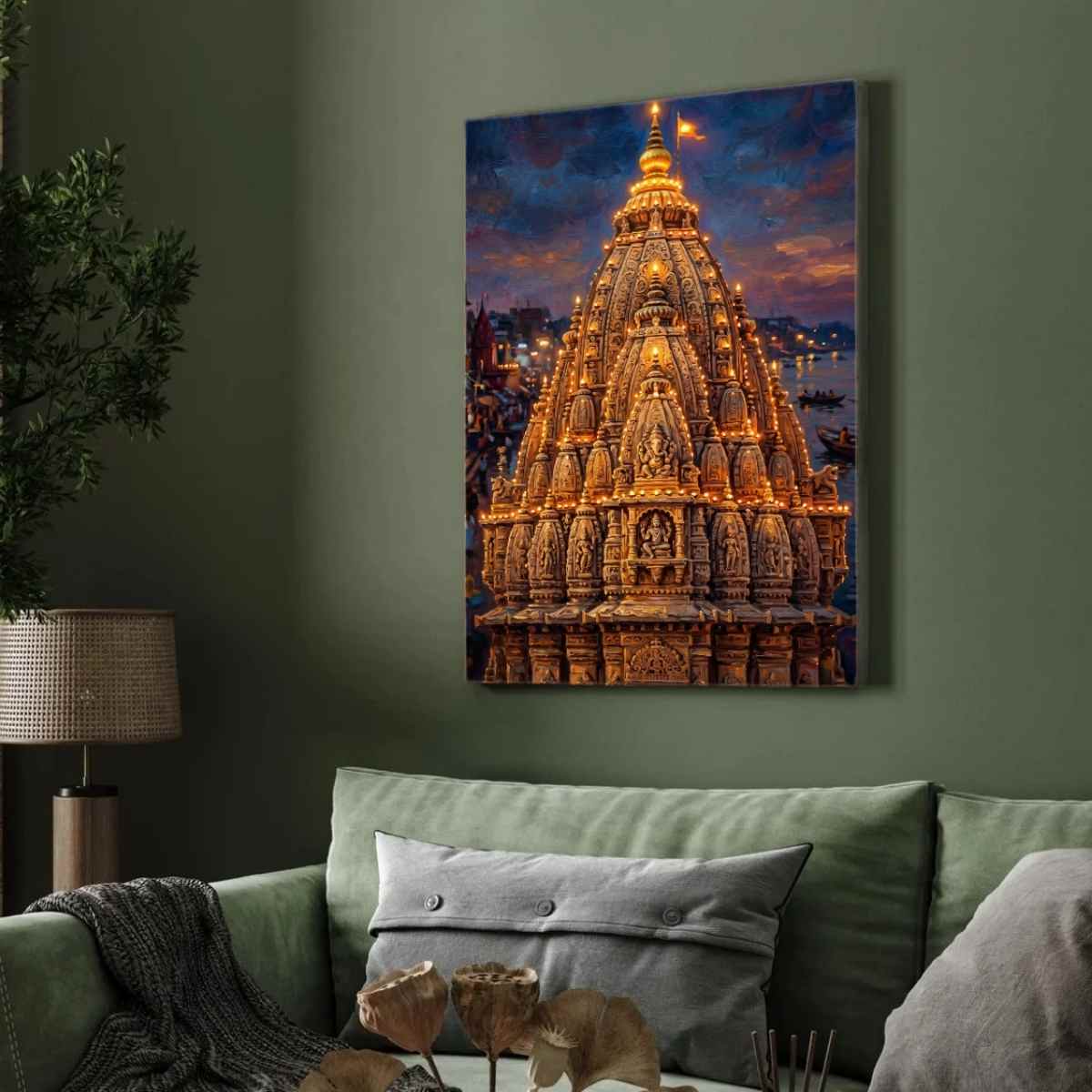Golden Kashi Temple Shikhara Wall Art | Vertical Oil Painting Framed Print 2 : 3 Vertical Premium Wall Art Canvas by MeriDeewar