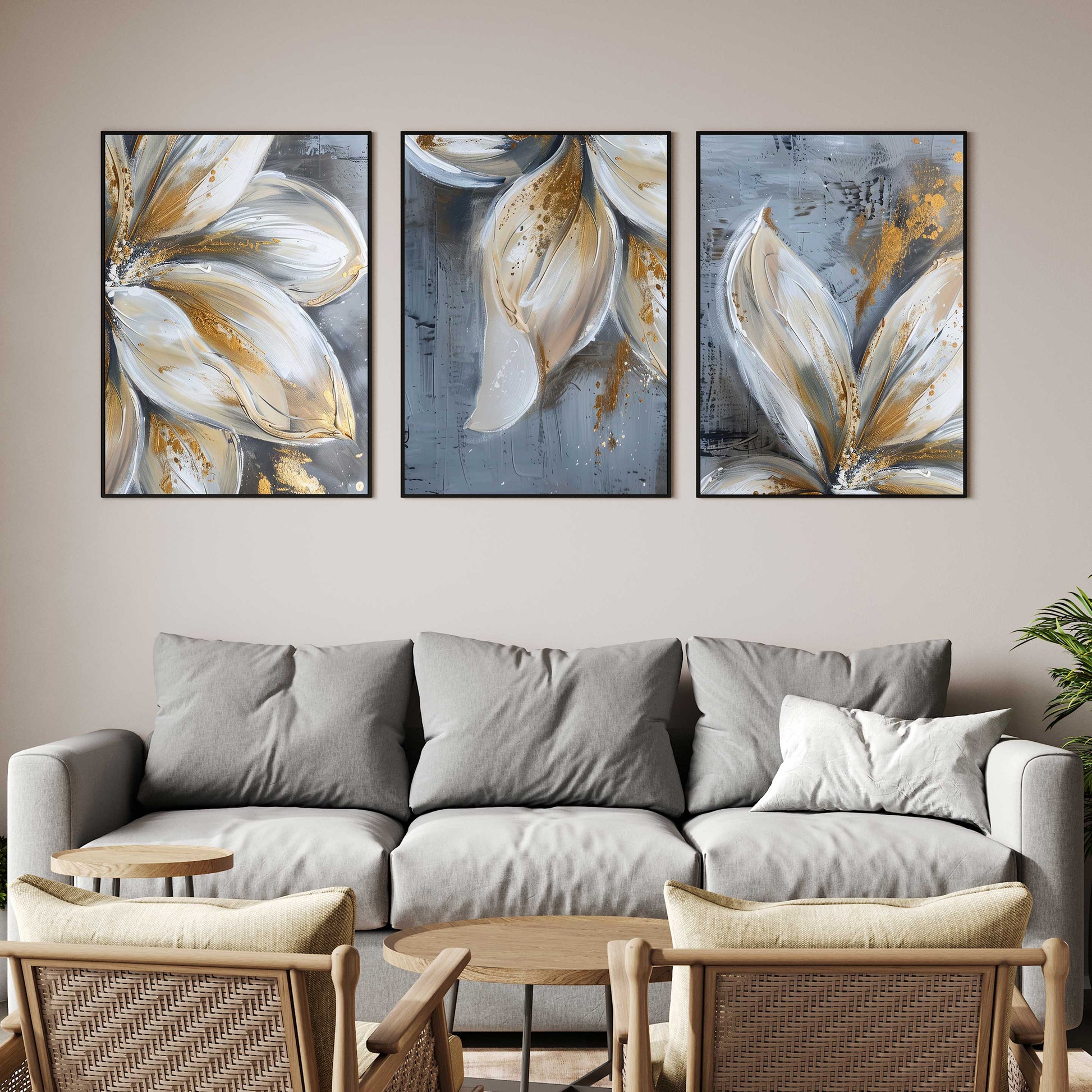 Golden Petals in Bloom – 3-Piece Abstract Floral Canvas Art Set Walls Premium Wall Art Canvas by MeriDeewar