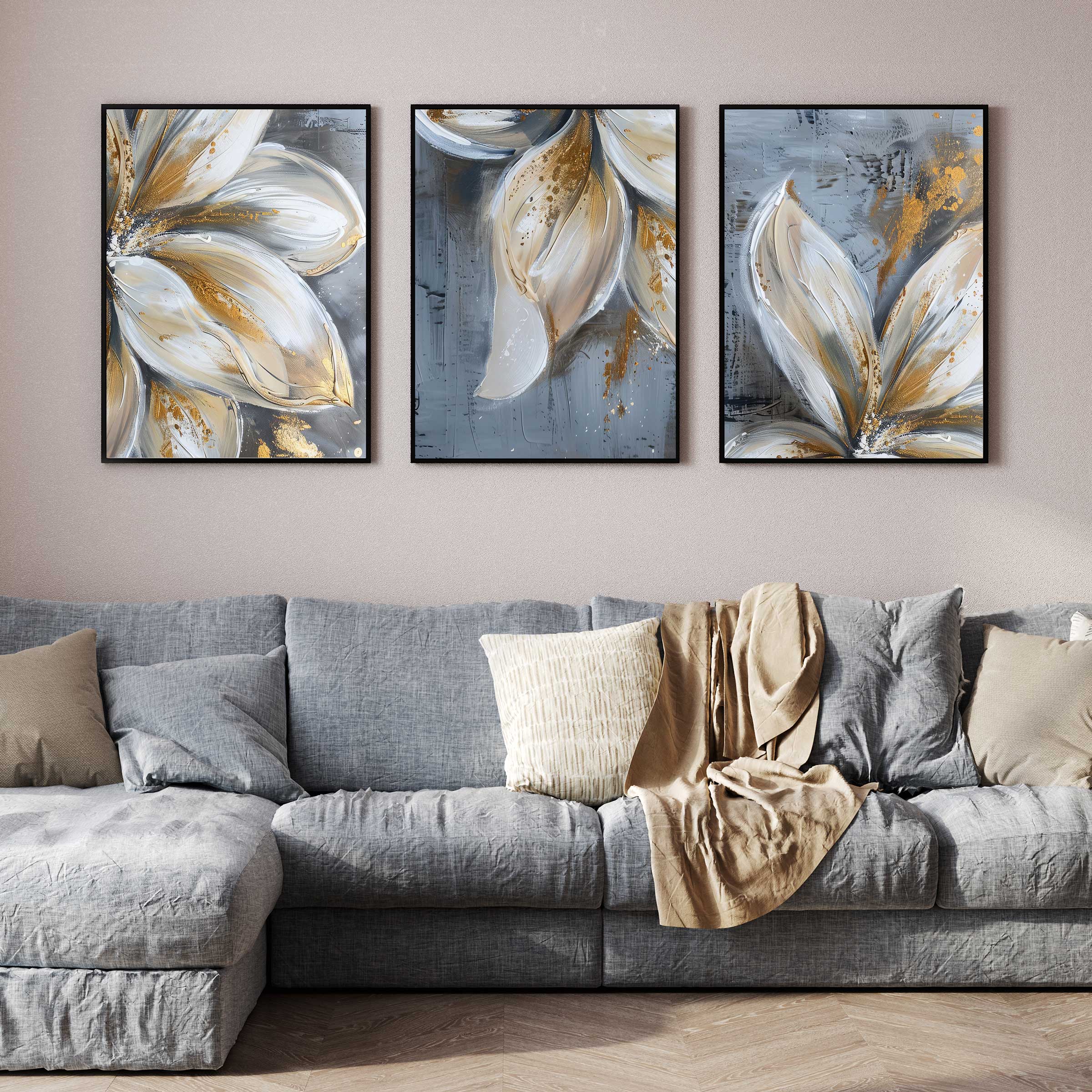 Golden Petals in Bloom – 3-Piece Abstract Floral Canvas Art Set Walls Premium Wall Art Canvas by MeriDeewar