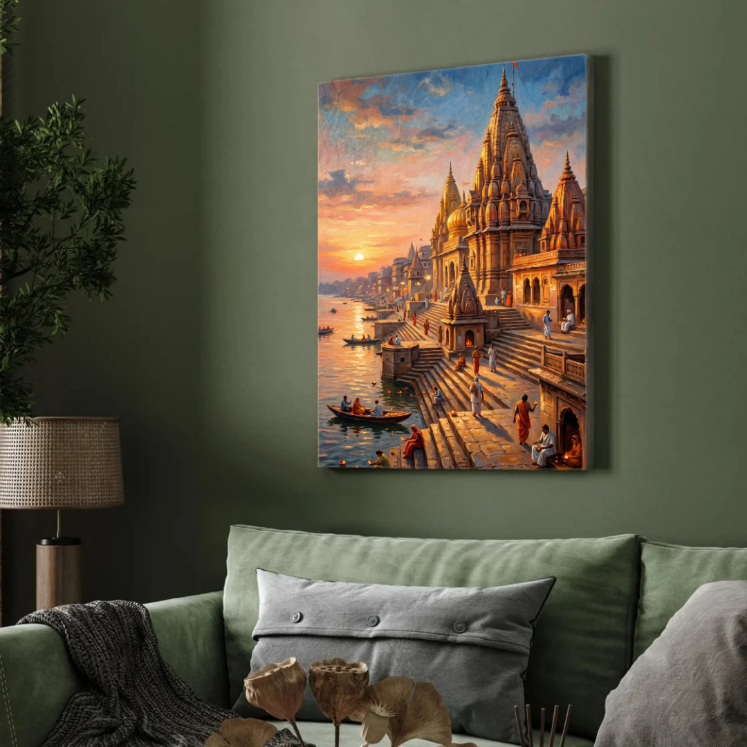 Golden Sunrise Varanasi Ghats Wall Art | Vertical Oil Painting Framed Print 2 : 3 Vertical Premium Wall Art Canvas by MeriDeewar