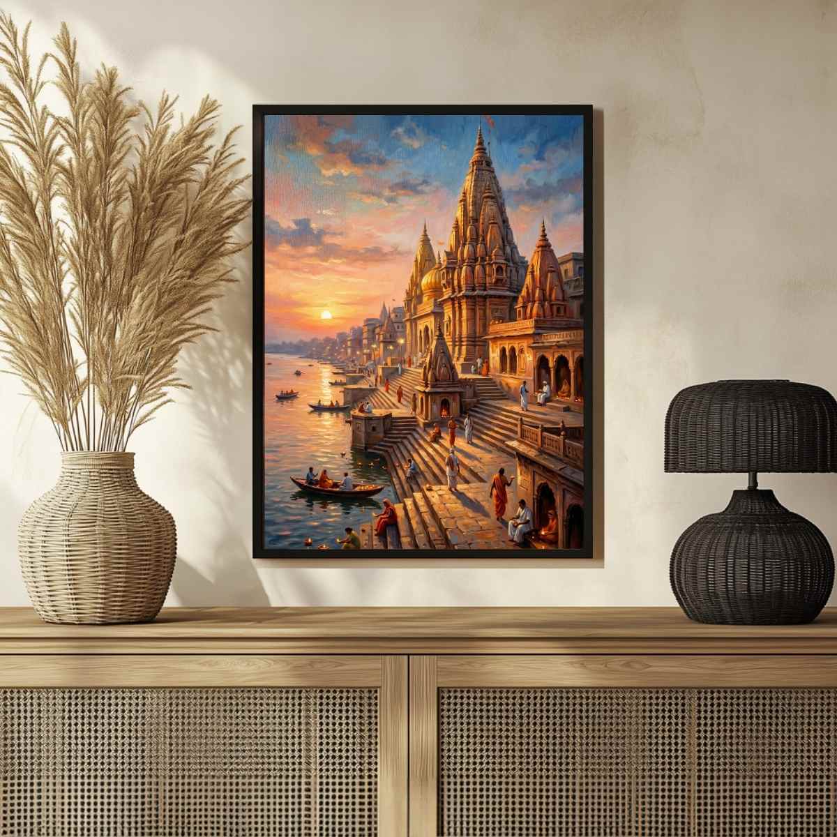 Golden Sunrise Varanasi Ghats Wall Art | Vertical Oil Painting Framed Print 2 : 3 Vertical Premium Wall Art Canvas by MeriDeewar