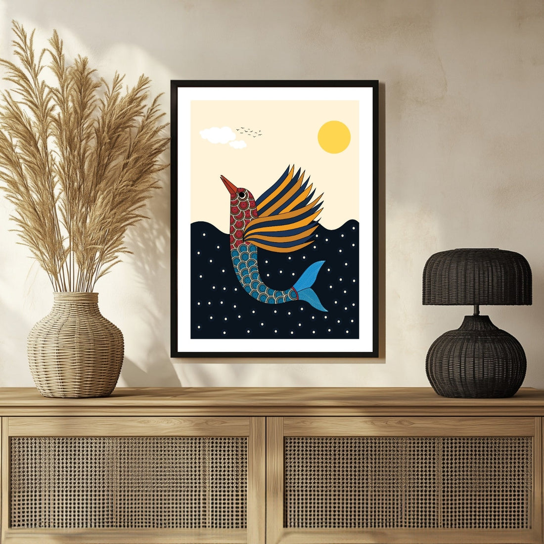 Gond Art Fish & Nature Painting – Vibrant Wall Decor at MeriDeewar 3 : 4 Vertical New Premium Wall Art Canvas by MeriDeewar