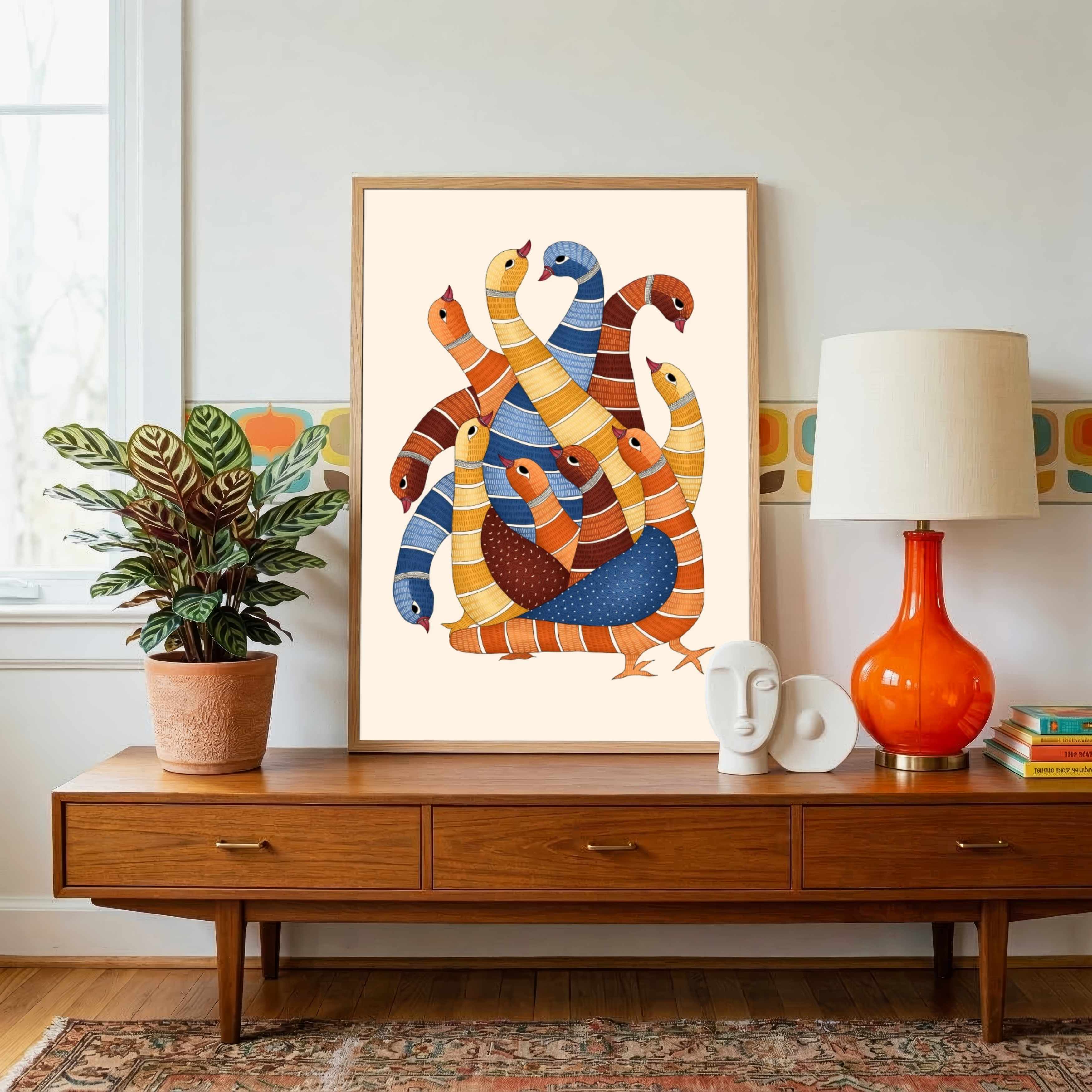 "Gond Art Flock of Birds" Traditional Indian Tribal Art Giclée Print | Fine Art Wall Art 3 : 4 Vertical Premium Wall Art Canvas by MeriDeewar