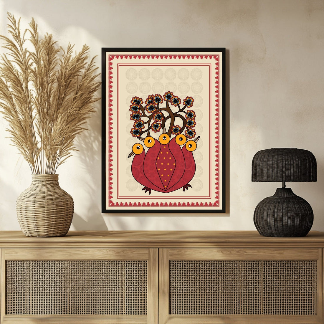 Gond Art Masterpiece: Peacock Harmony Painting – MeriDeewar 3 : 4 Vertical New Premium Wall Art Canvas by MeriDeewar