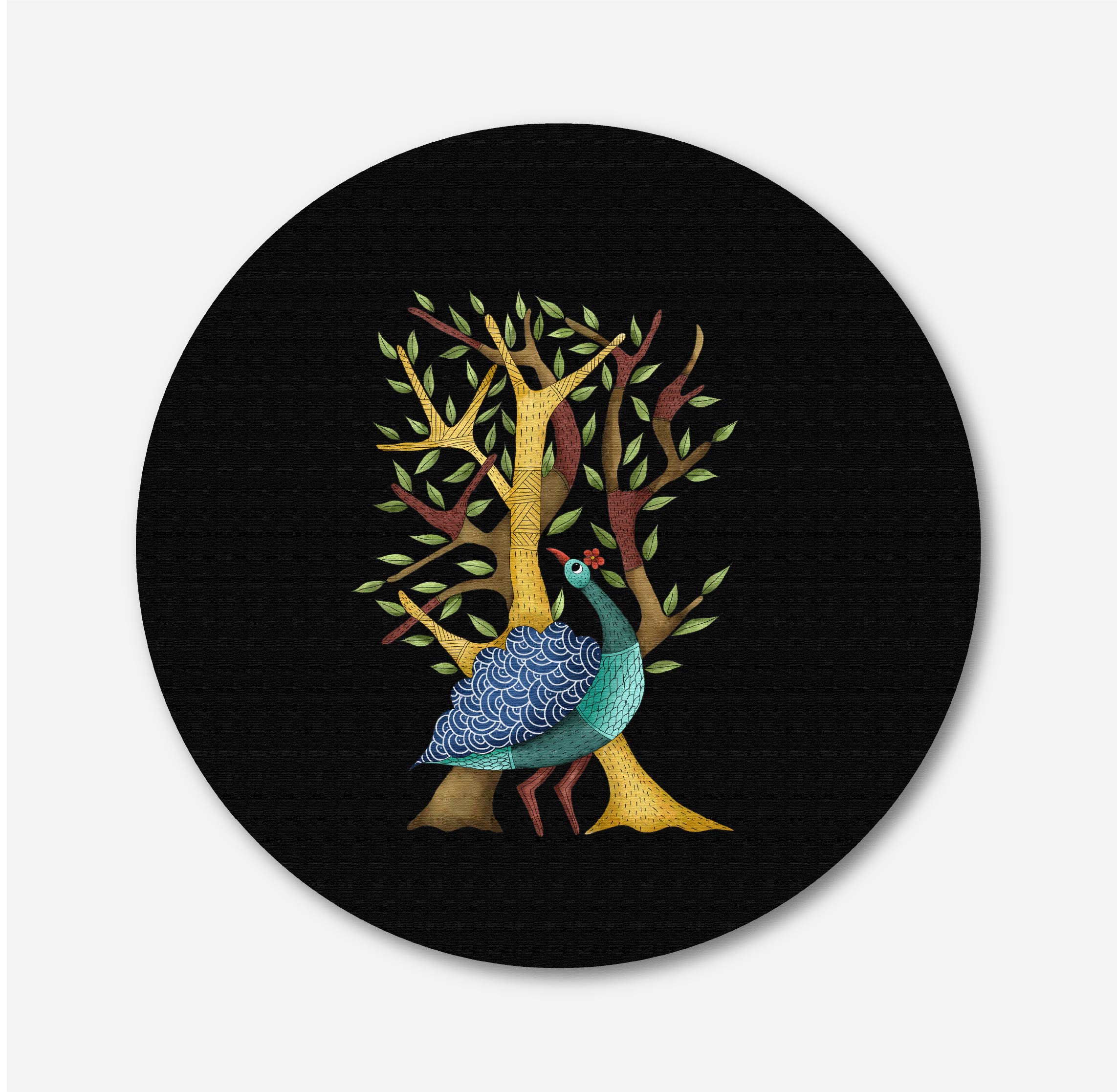 Gond Art Peacock Circular Canvas Frame Circular Canvas Frame Premium Wall Art Canvas by MeriDeewar