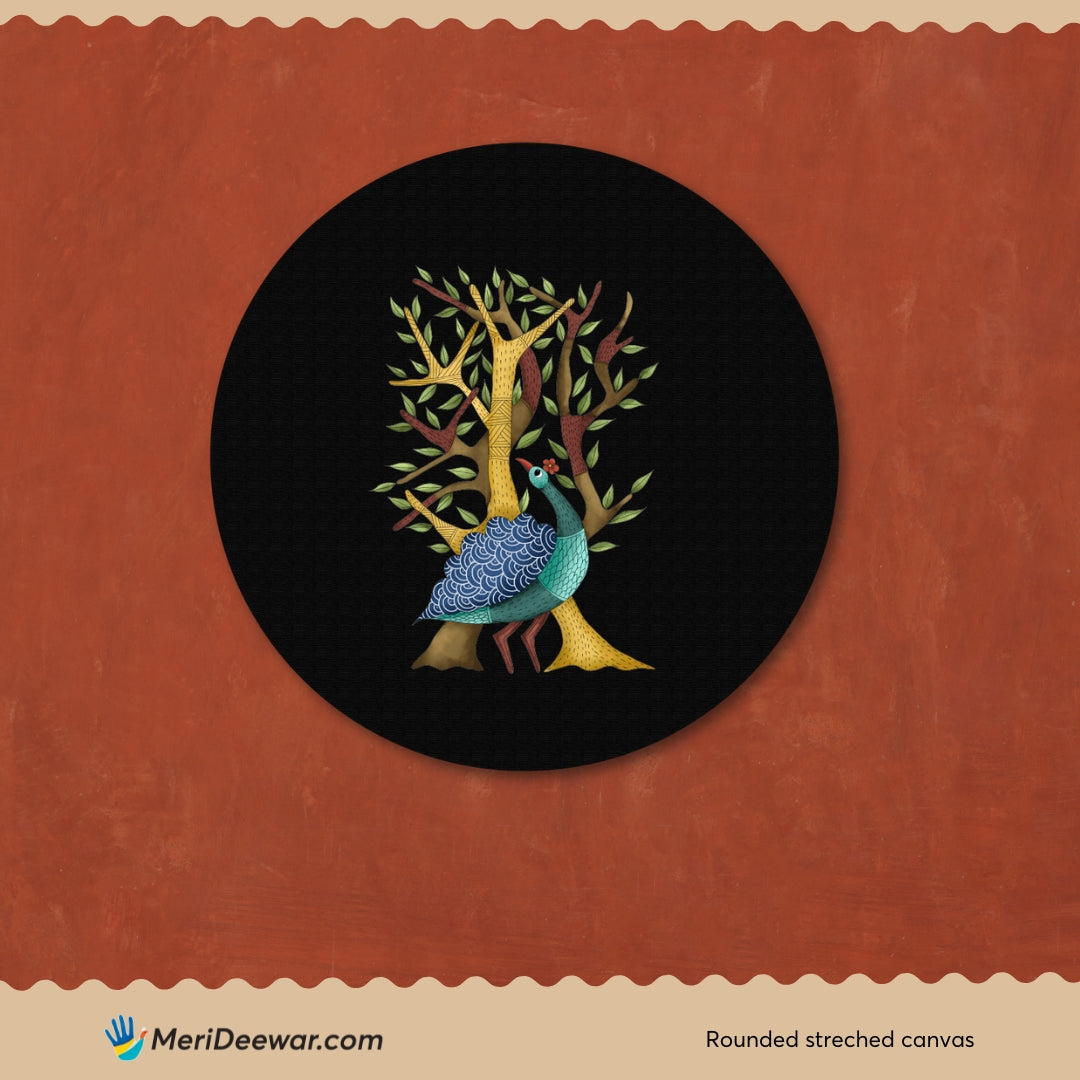 Gond Art Peacock Circular Canvas Frame Circular Canvas Frame Premium Wall Art Canvas by MeriDeewar