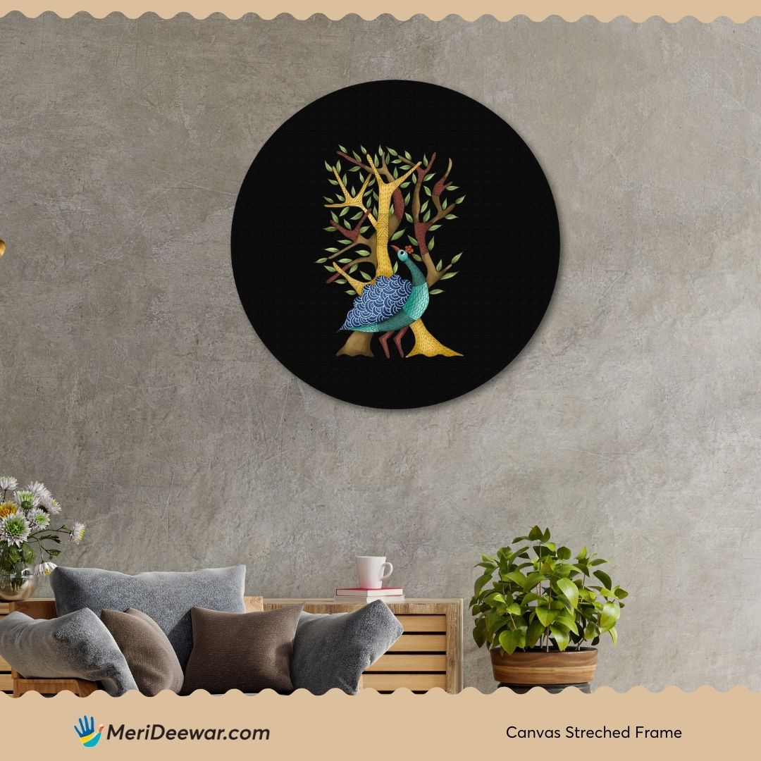 Gond Art Peacock Circular Canvas Frame Circular Canvas Frame Premium Wall Art Canvas by MeriDeewar