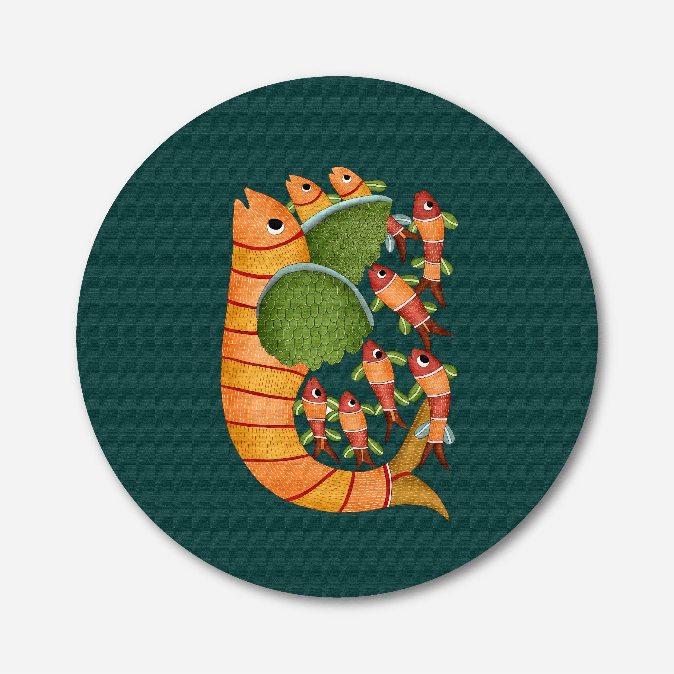 Gond Painting Fish With Five Small Fish Painting Circular Canvas Frame Circular Canvas Frame Premium Wall Art Canvas by MeriDeewar