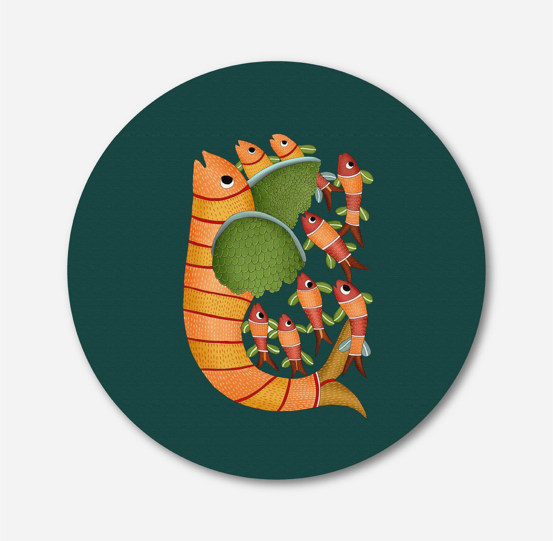 Gond Painting Fish With Five Small Fish Painting Circular Canvas Frame Circular Canvas Frame Premium Wall Art Canvas by MeriDeewar