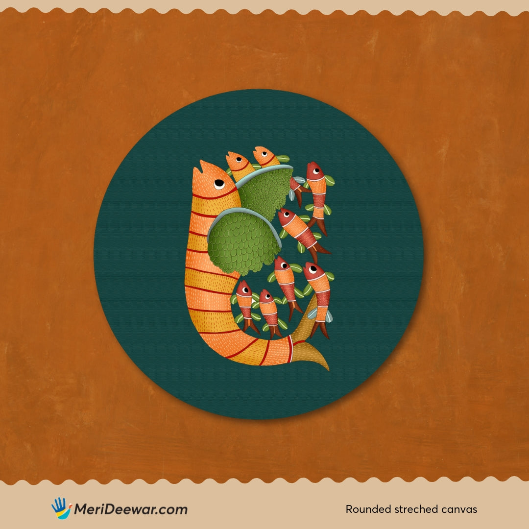 Gond Painting Fish With Five Small Fish Painting Circular Canvas Frame Circular Canvas Frame Premium Wall Art Canvas by MeriDeewar