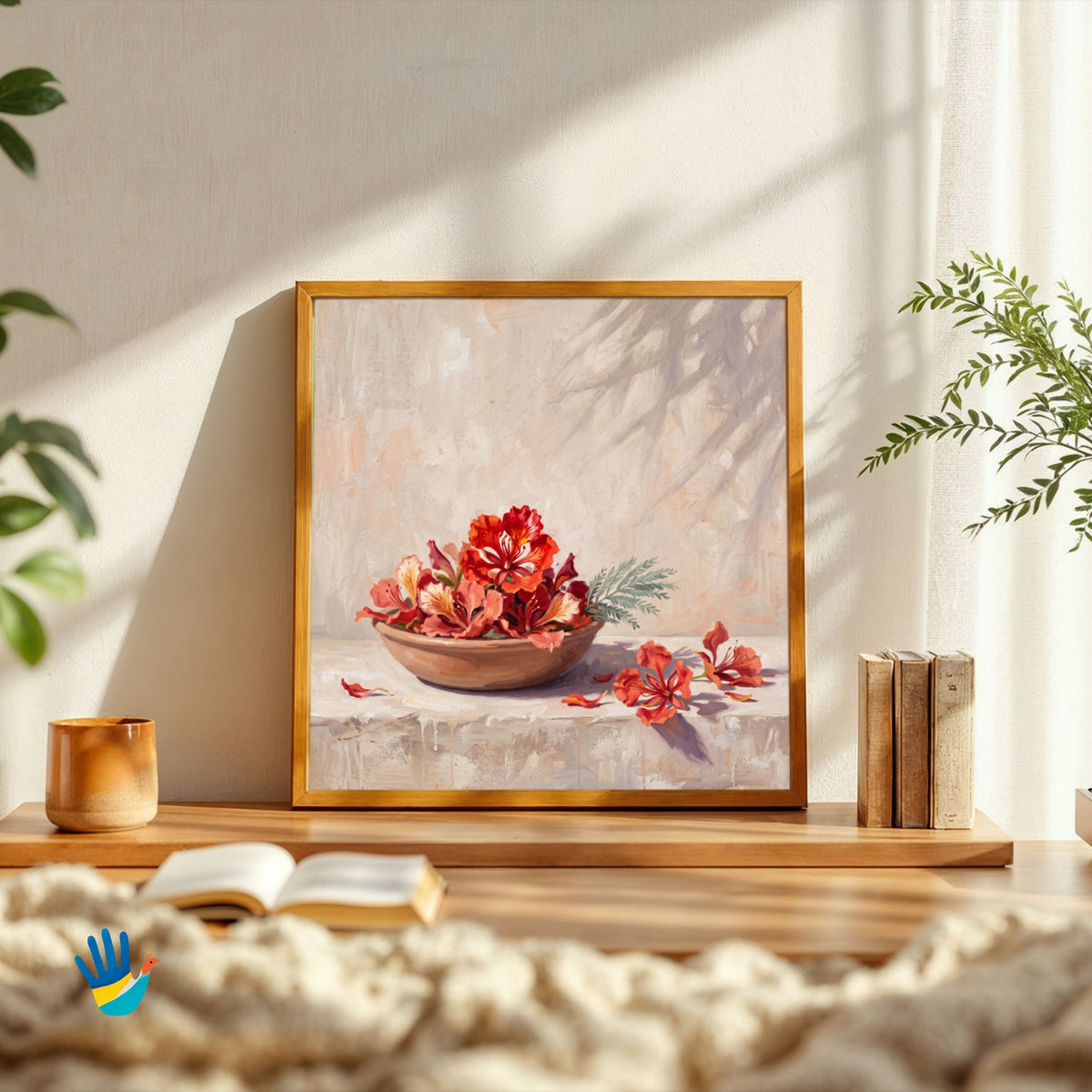 Gulmohar in a Clay Bowl | Floral Still Life Wall Art 1 : 1 Square Premium Wall Art Canvas by MeriDeewar