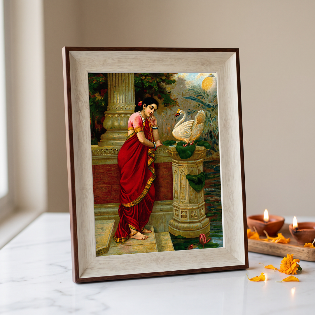 Hamsa Damayanti | Raja Ravi Varma Classical Indian Framed Art Curate Oakwood mix / Small Premium Wall Art Canvas by MeriDeewar