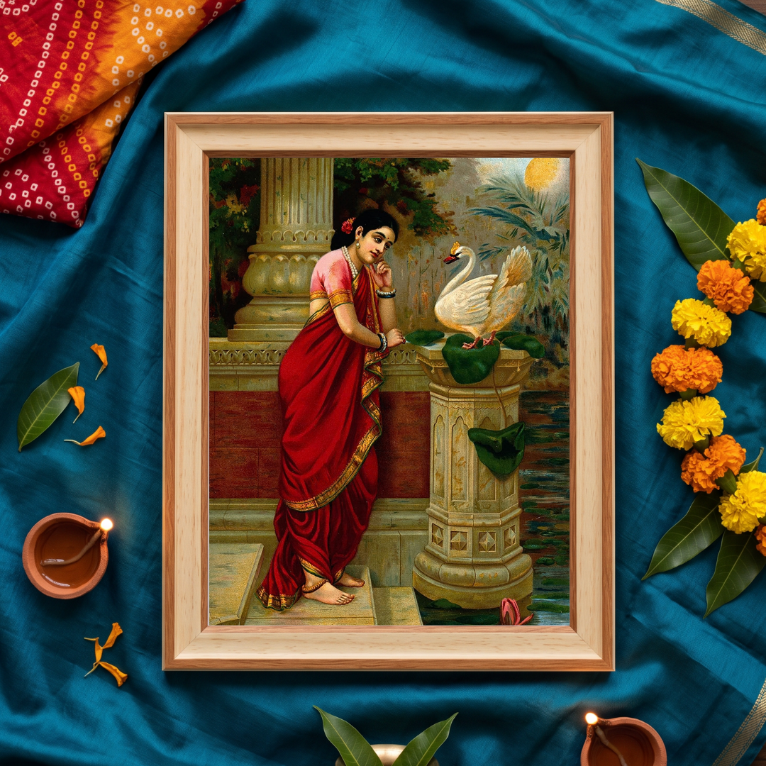 Hamsa Damayanti | Raja Ravi Varma Classical Indian Framed Art Curate Pinewood Mix / Small Premium Wall Art Canvas by MeriDeewar