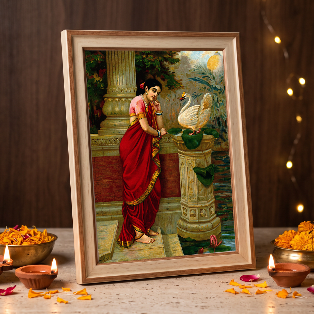 Hamsa Damayanti | Raja Ravi Varma Classical Indian Framed Art Curate Premium Wall Art Canvas by MeriDeewar