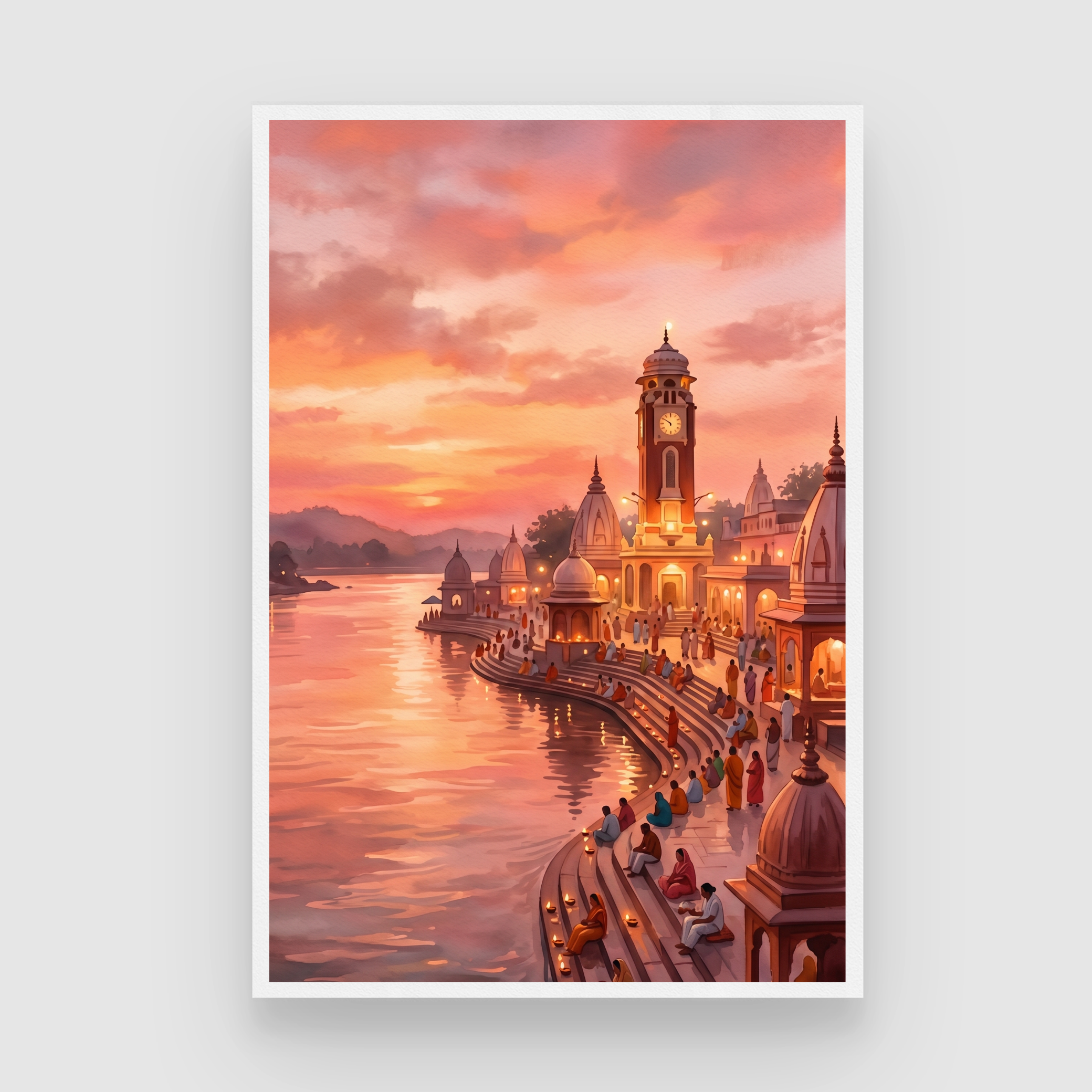 Har Ki Pauri Haridwar Sunset Wall Art | Vertical Watercolor Print 2 : 3 Vertical Premium Wall Art Canvas by MeriDeewar