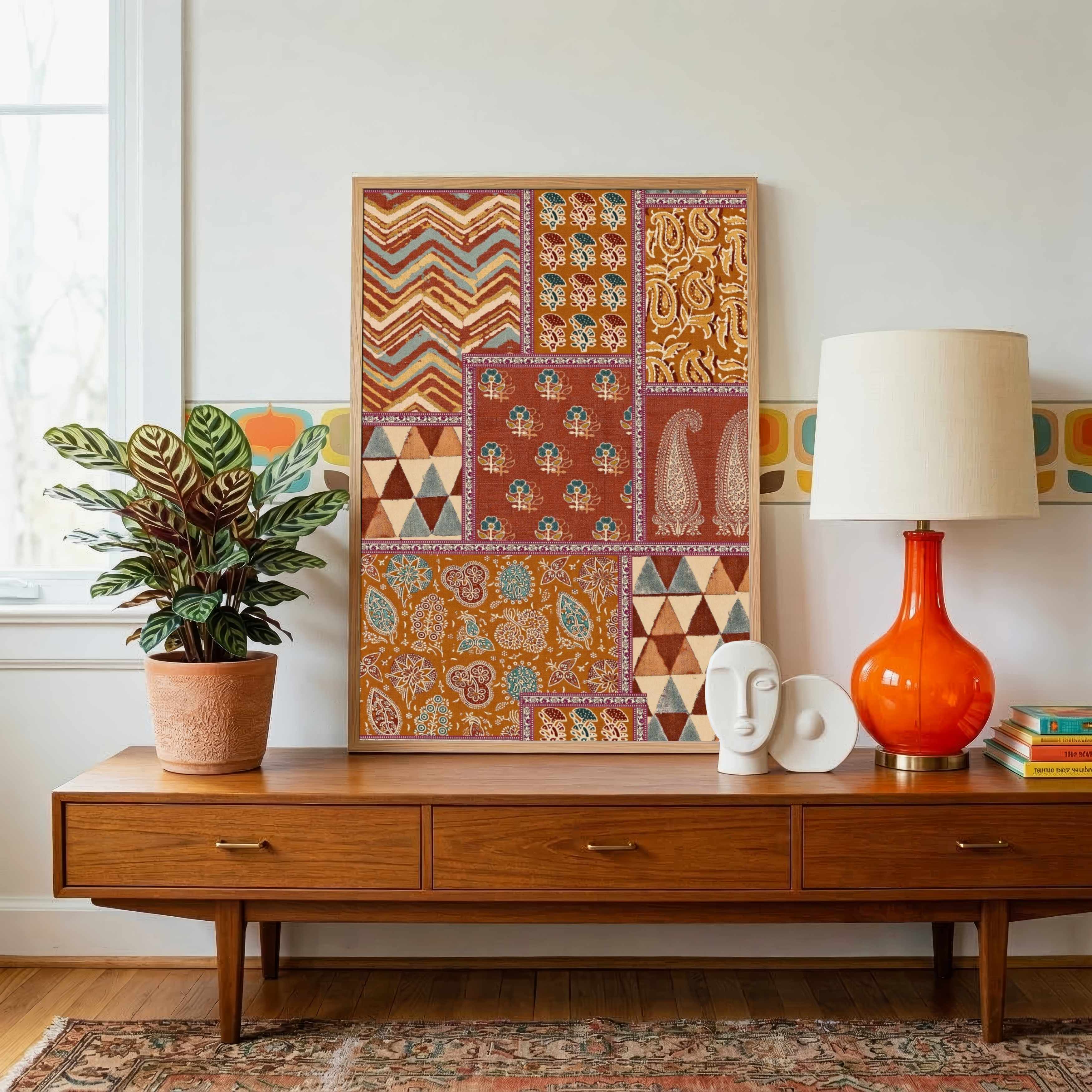 "Heritage Ajrakh Patchwork" Traditional Block Print Giclée Print | Fine Art Wall Art 3 : 4 Vertical Premium Wall Art Canvas by MeriDeewar