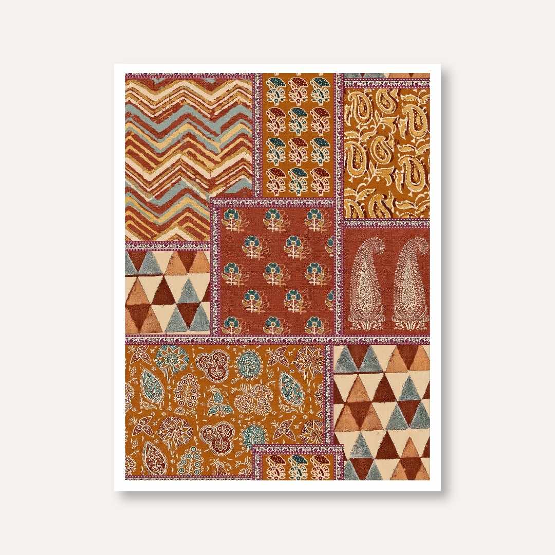 "Heritage Ajrakh Patchwork" Traditional Block Print Giclée Print | Fine Art Wall Art 3 : 4 Vertical Premium Wall Art Canvas by MeriDeewar