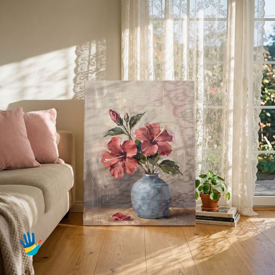 Hibiscus in Grey Ceramic | Floral Still Life Art 3 : 4 Vertical Premium Wall Art Canvas by MeriDeewar