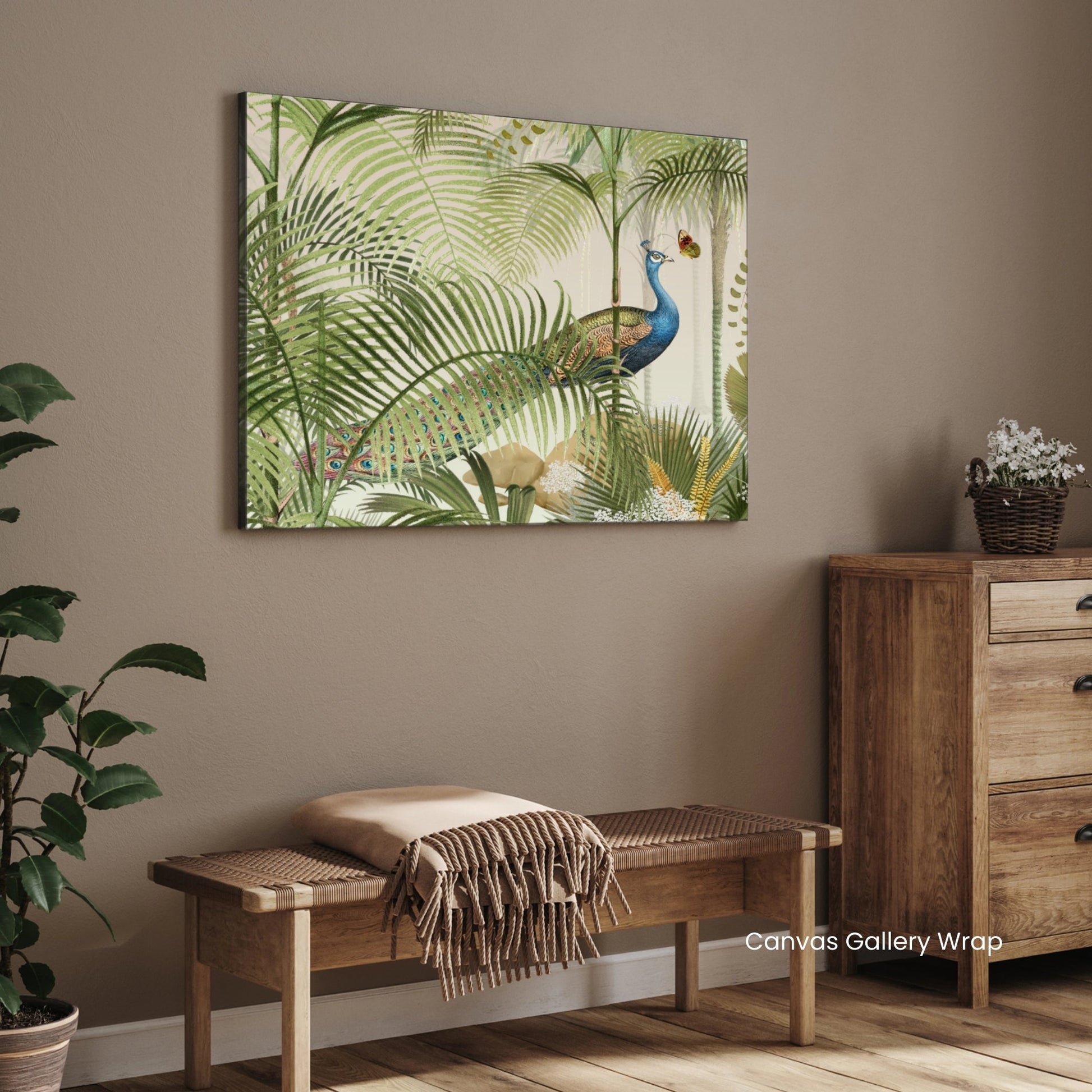Hidden Peacock Canopy — Tropical Peacock Canvas 2 : 3 Horizontal Premium Wall Art Canvas by MeriDeewar